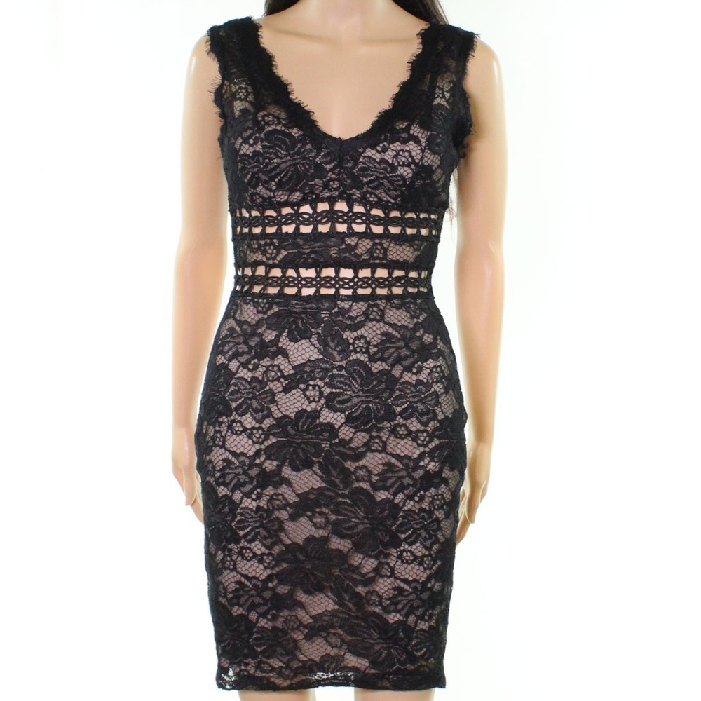 Xscape Lace Mesh Eyelash V-Neck Sheath Dress Black